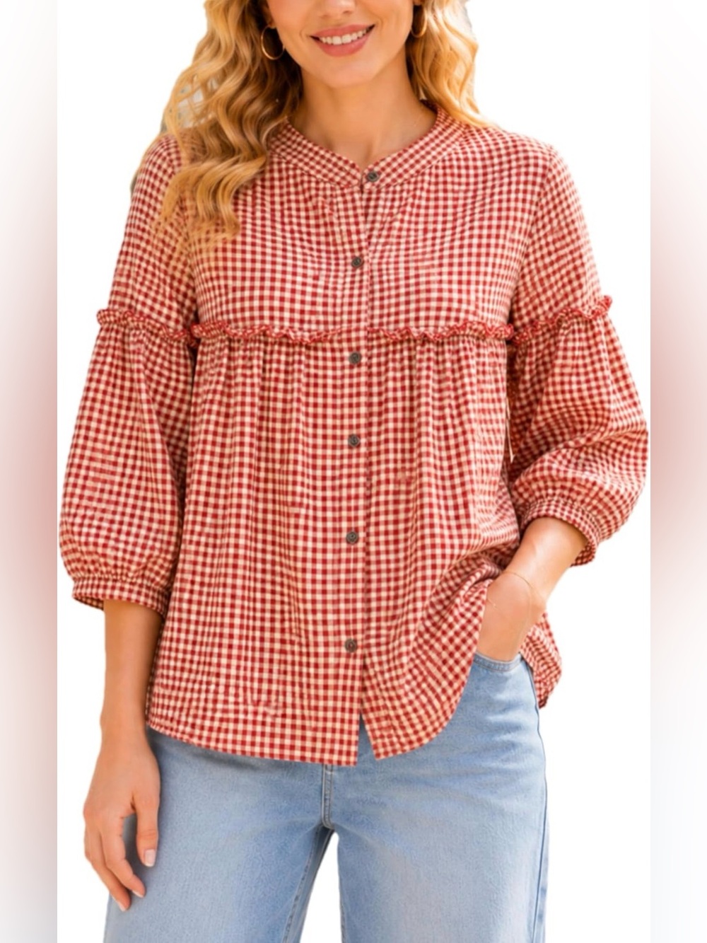 Women’s Plaid Gingham Tunic Top 3/4 Sleeve Button Front Loose Fit Blouse